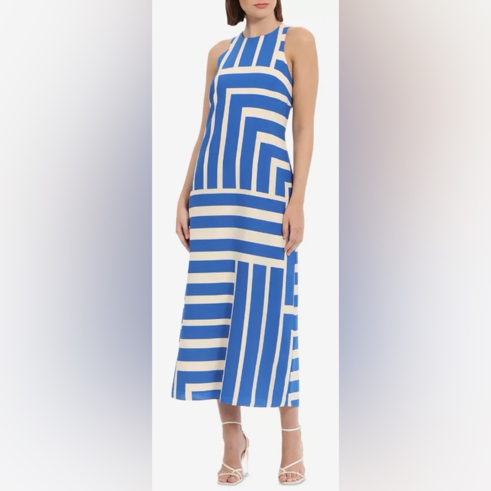 Donna Morgan Blue & Cream Geo Striped Sleeveless  Midi/Maxi Dress: Size 8 - Picture 3 of 5